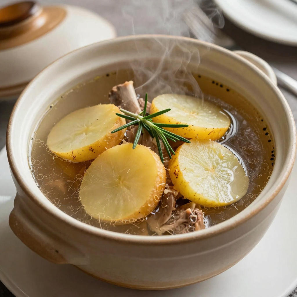 Lamb Hotpot Soup with Rosemary and Crisp Potato Slices