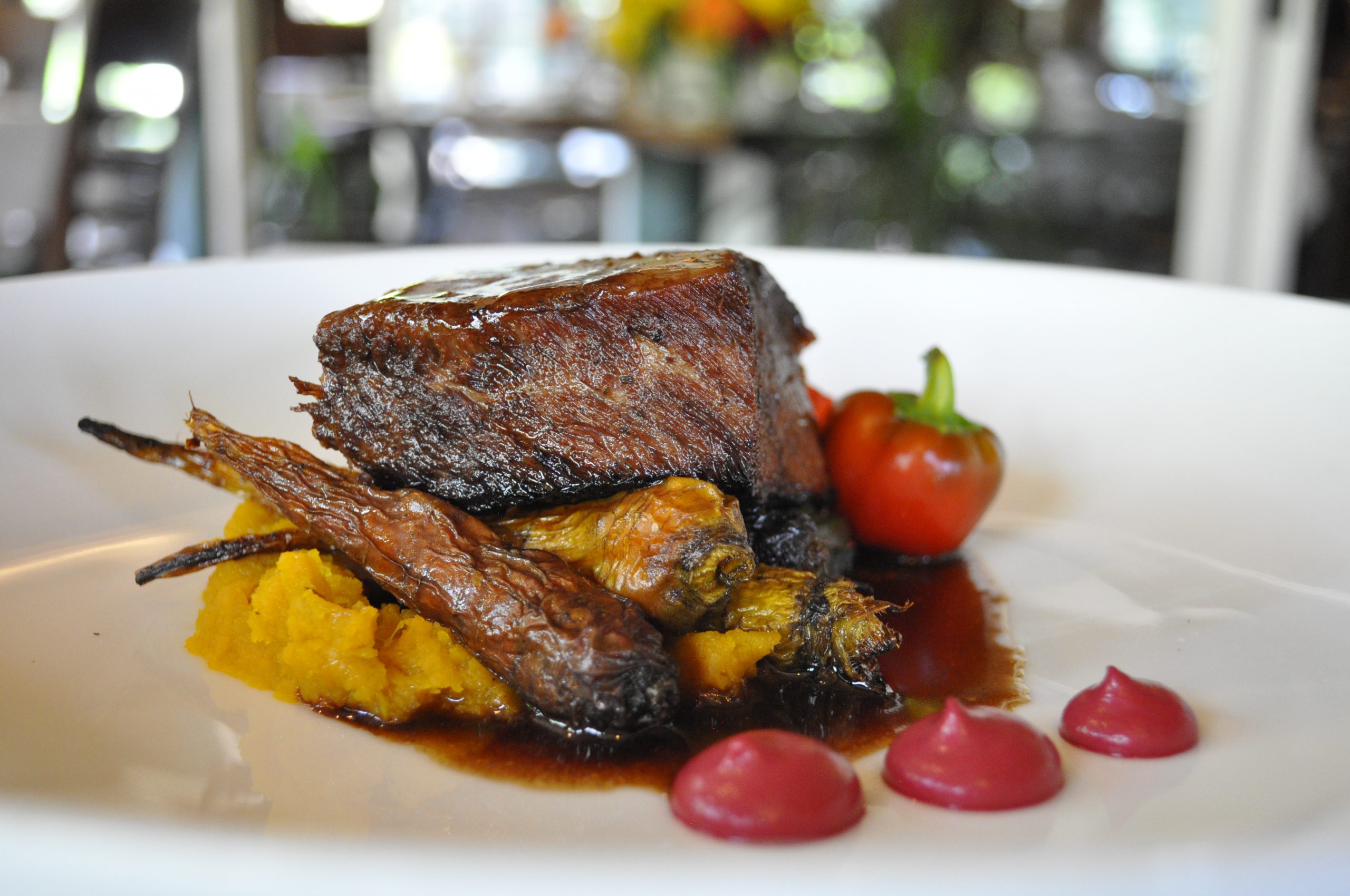 House-Smoked Beef Short Rib with Butternut Squash Puree and Braised Red Cabbage