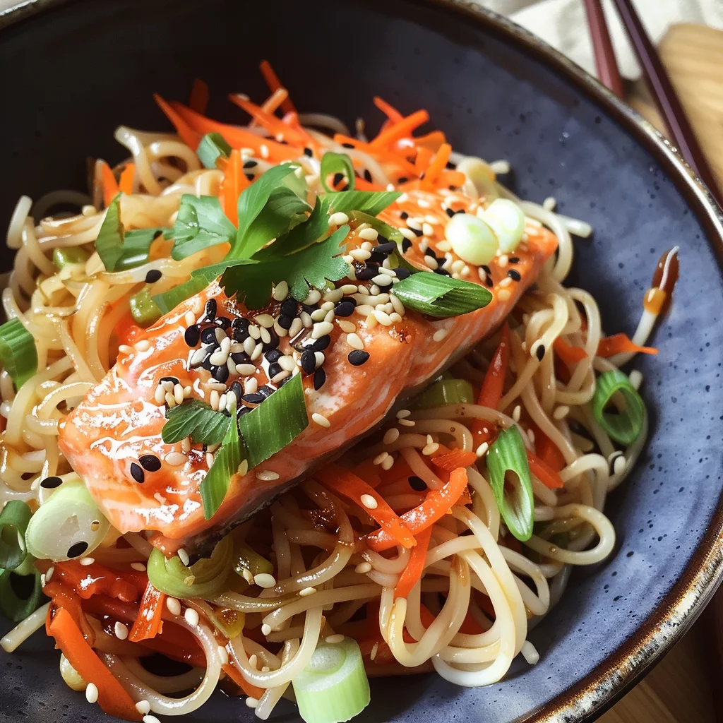 Sesame-Ginger Salmon with Snap Peas and Rice Noodles