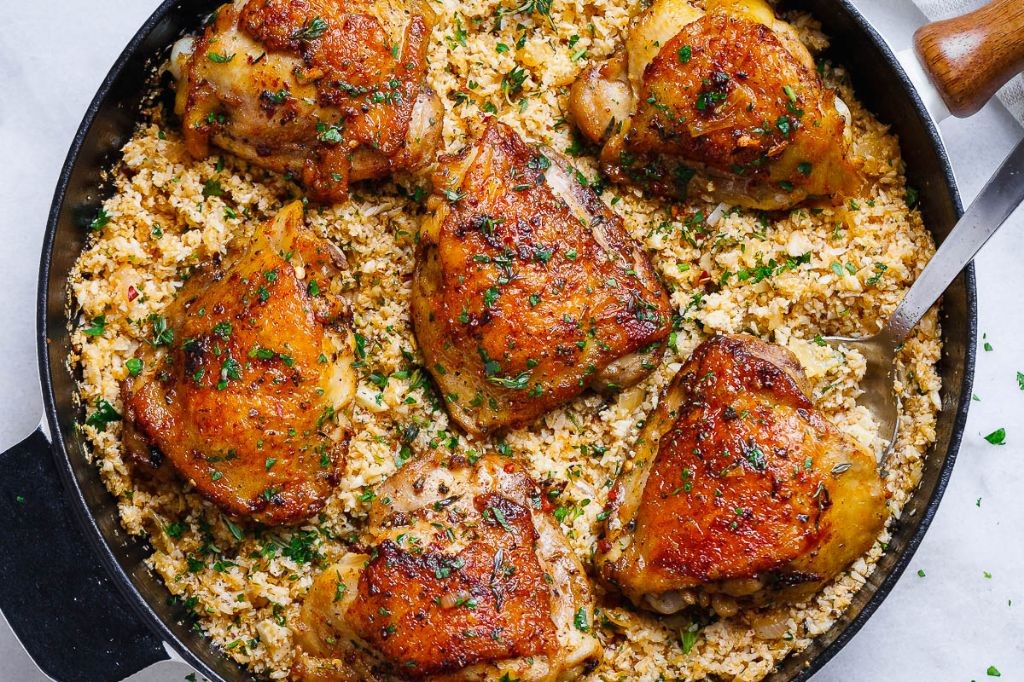 Lemon-Herb Sear Chicken with Crispy Cauliflower Rice