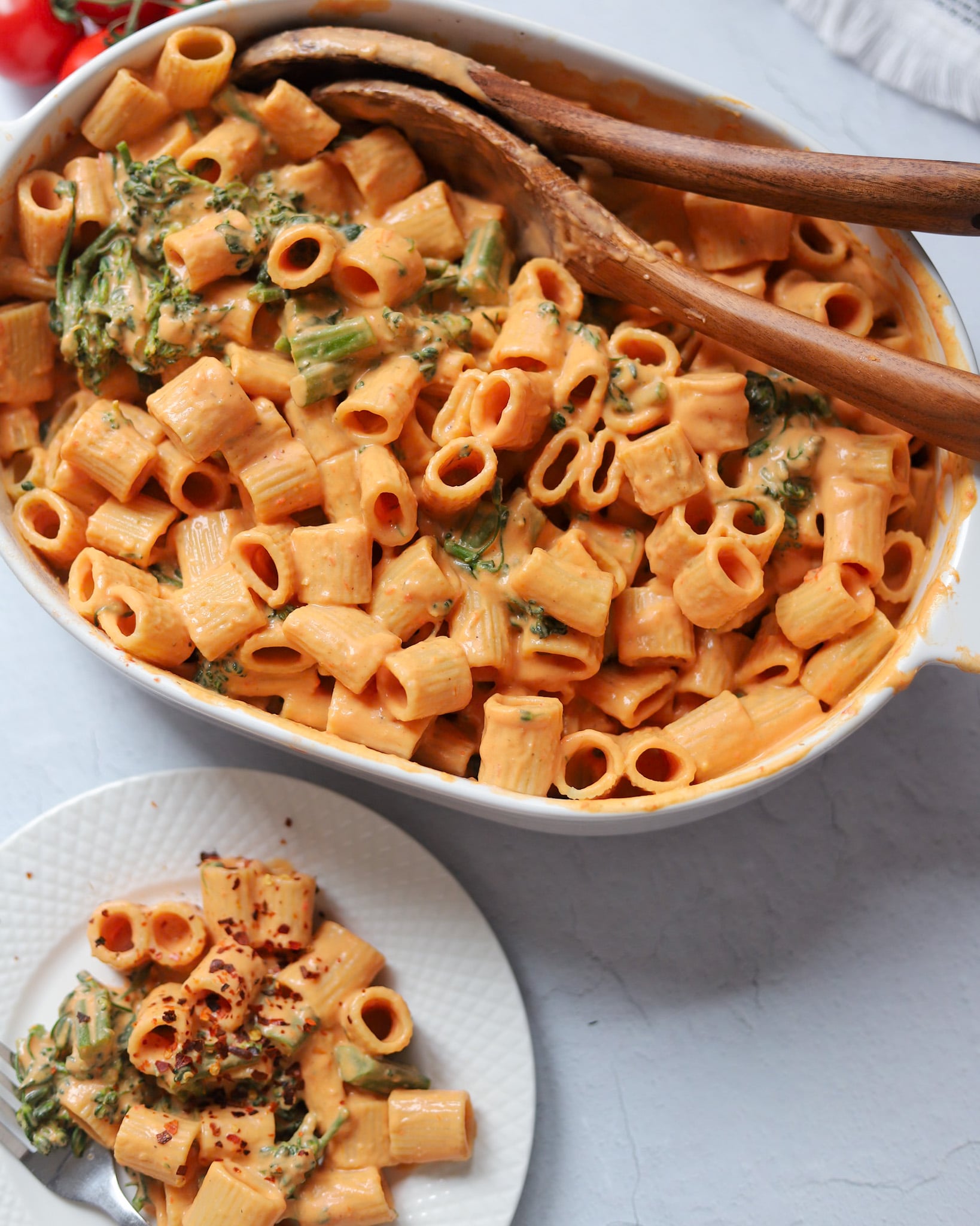 Lemon-Herb Creamy Tomato Pasta with Roasted Veggies