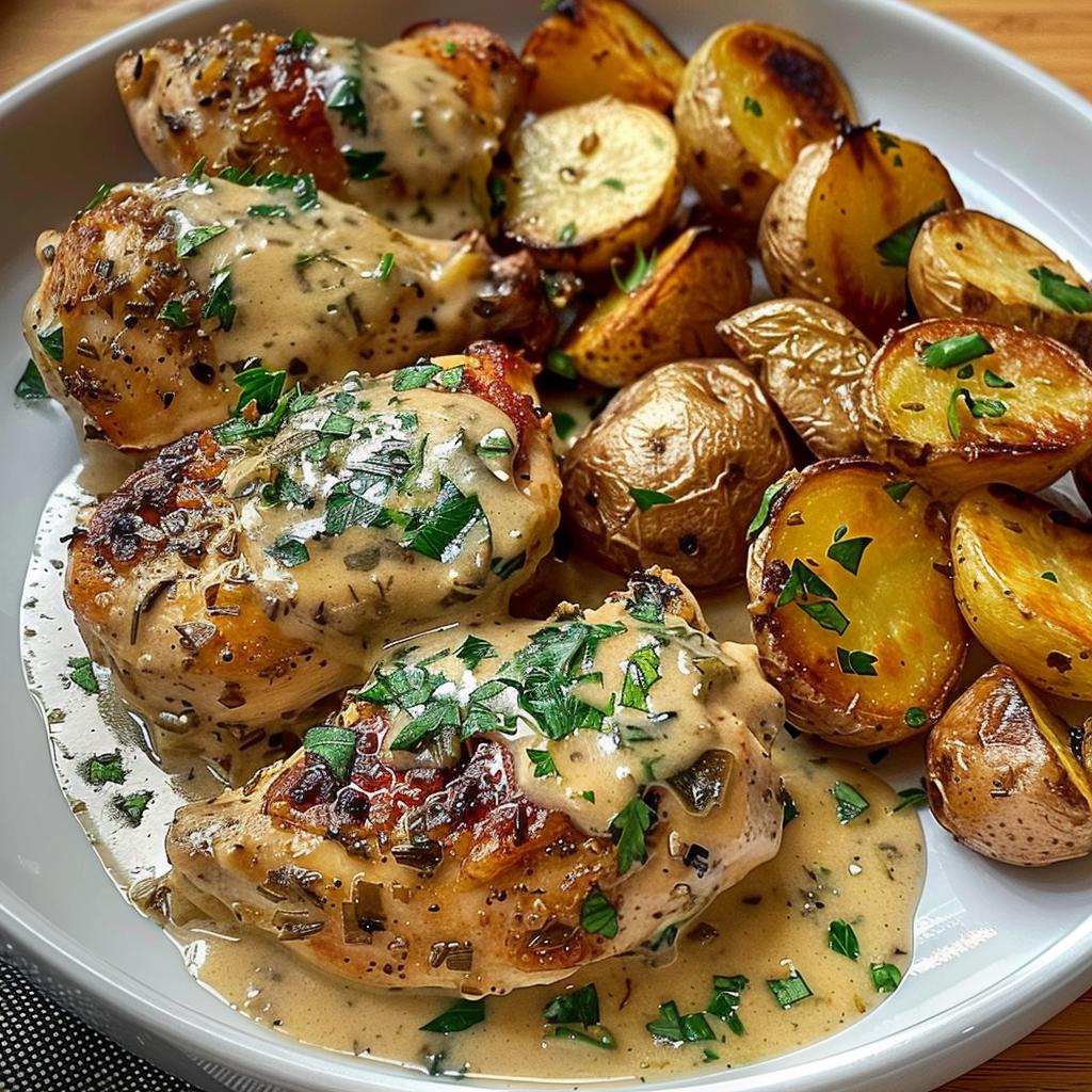 Crispy Lemon-Herb Chicken with Garlic Roasted Potatoes