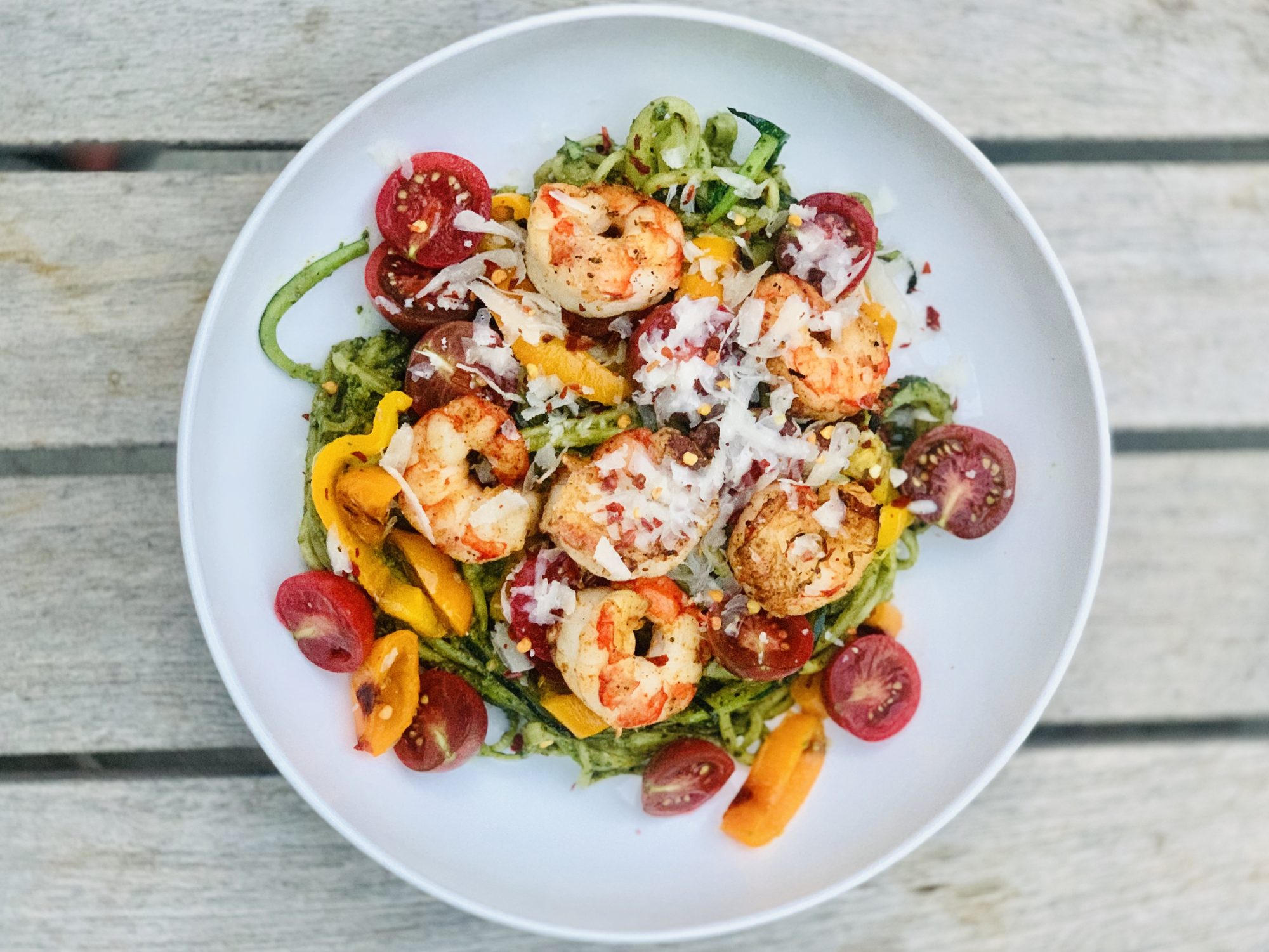Zucchini Noodle Stir-Fry with Shrimp and Basil Pesto
