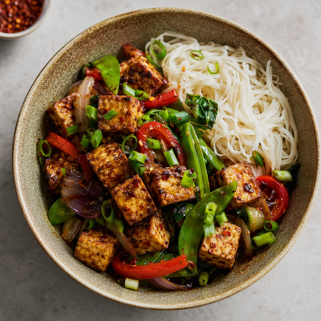 Air Fryer Spicy Tofu Stir-Fry with Rice Noodles