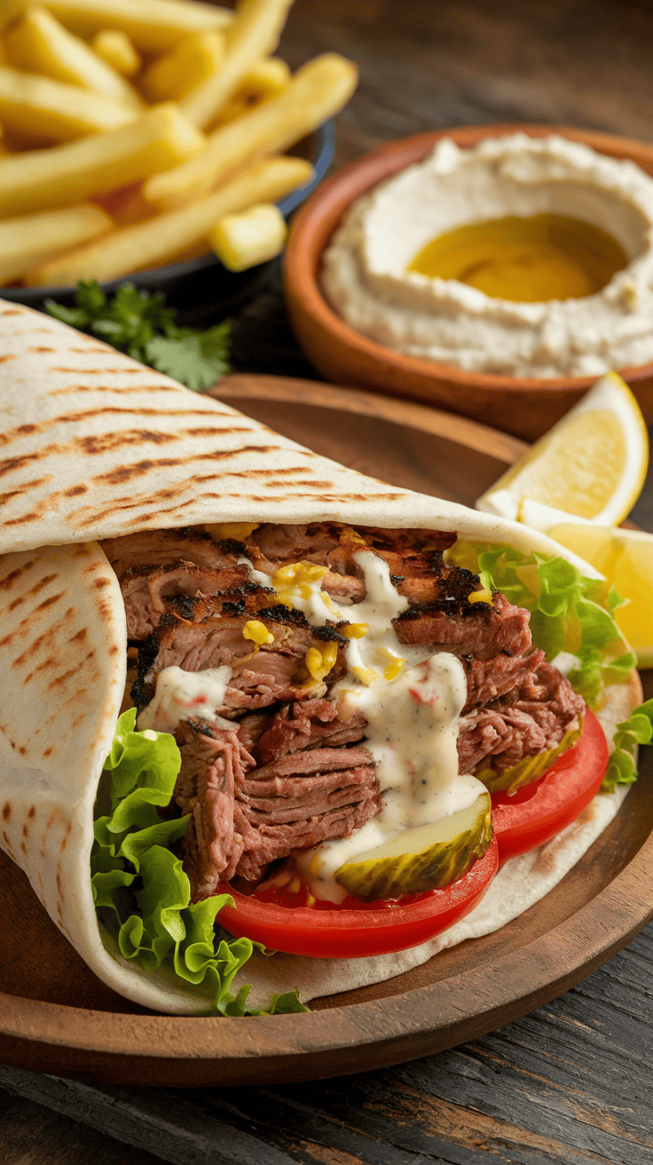 Authentic Lebanese Shawarma with Pickled Vegetables and Sumac Yogurt Sauce