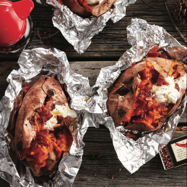 Maple-Bacon Stuffed Sweet Potatoes with Chive Cream