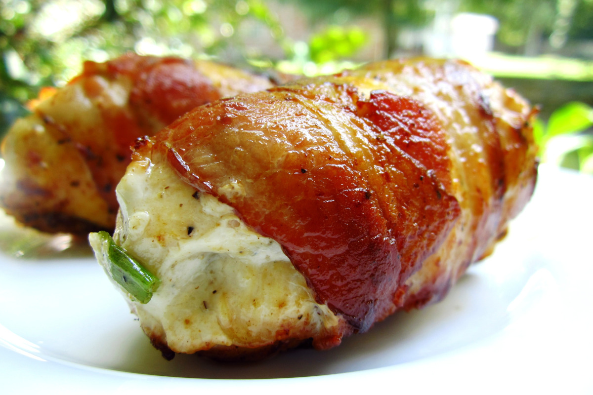 Crispy Bacon-Wrapped Stuffed Chicken Breast with Herb Cream Sauce