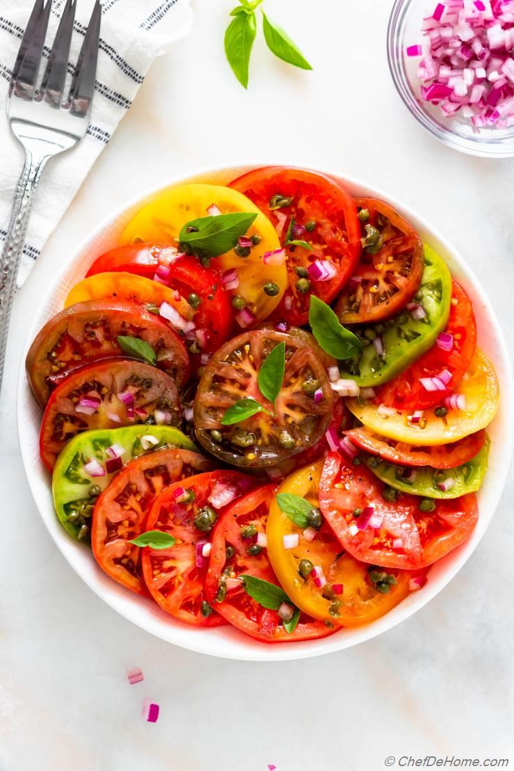 Heirloom Tomato & Lavender Honey Salad with Chive Blossoms