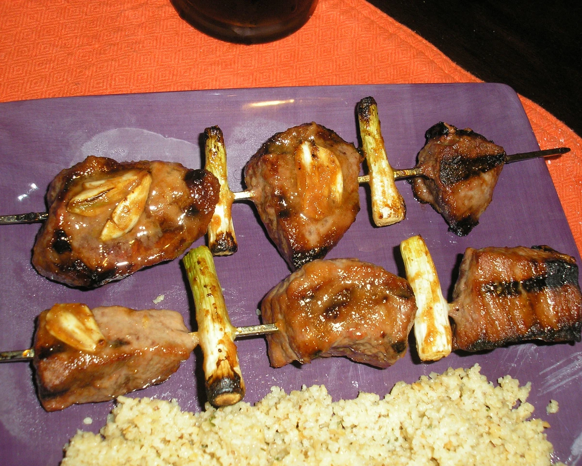 Korean Kimchi Beef Skewers with Soy-Glazed Onions