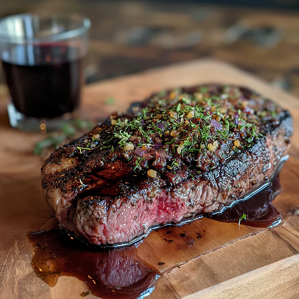 Herb-Crusted Ribeye Steak with Red Wine Reduction