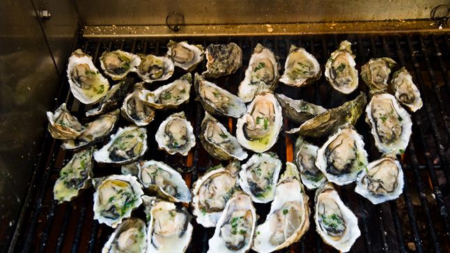 Char-Grilled Oysters with Honey-Lemon Butter and Crispy Bacon