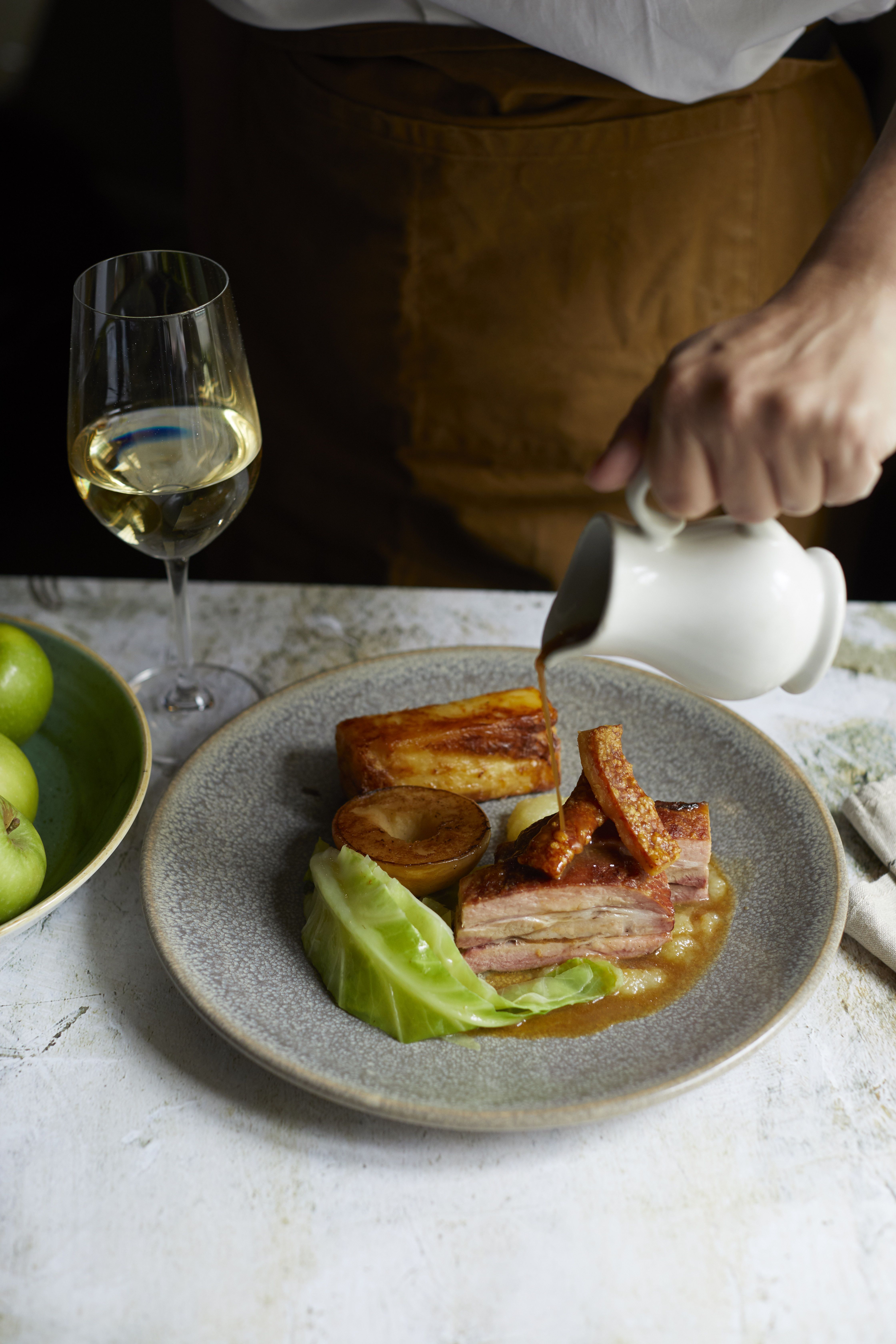House-Smoked Pork Belly with Sweet Potato Mash and Roasted Kale