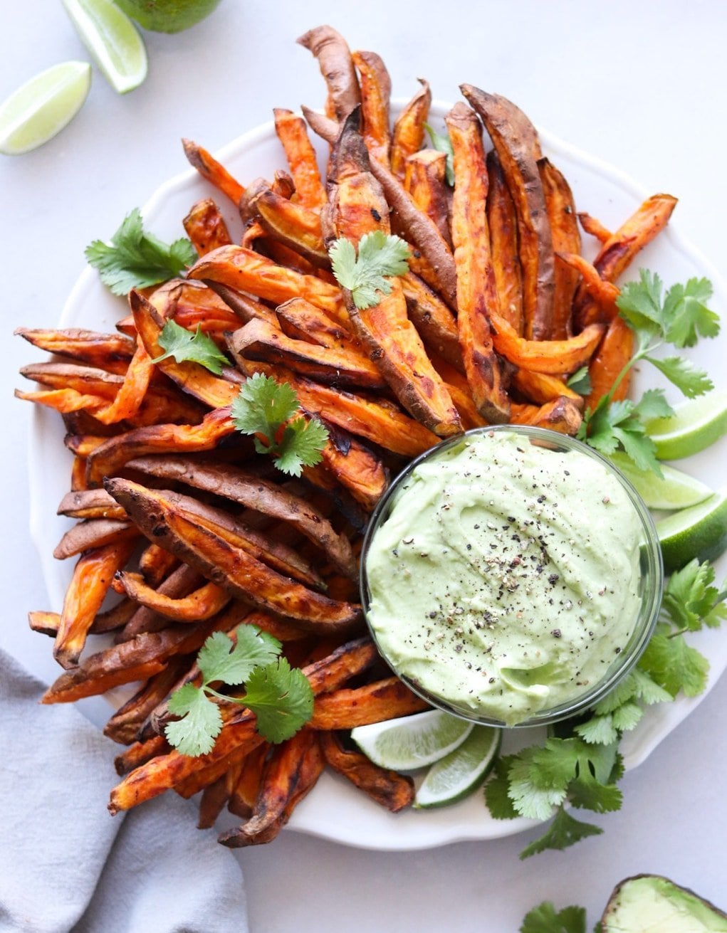 Air Fryer Sweet Potato Fries with Avocado Dill Dip