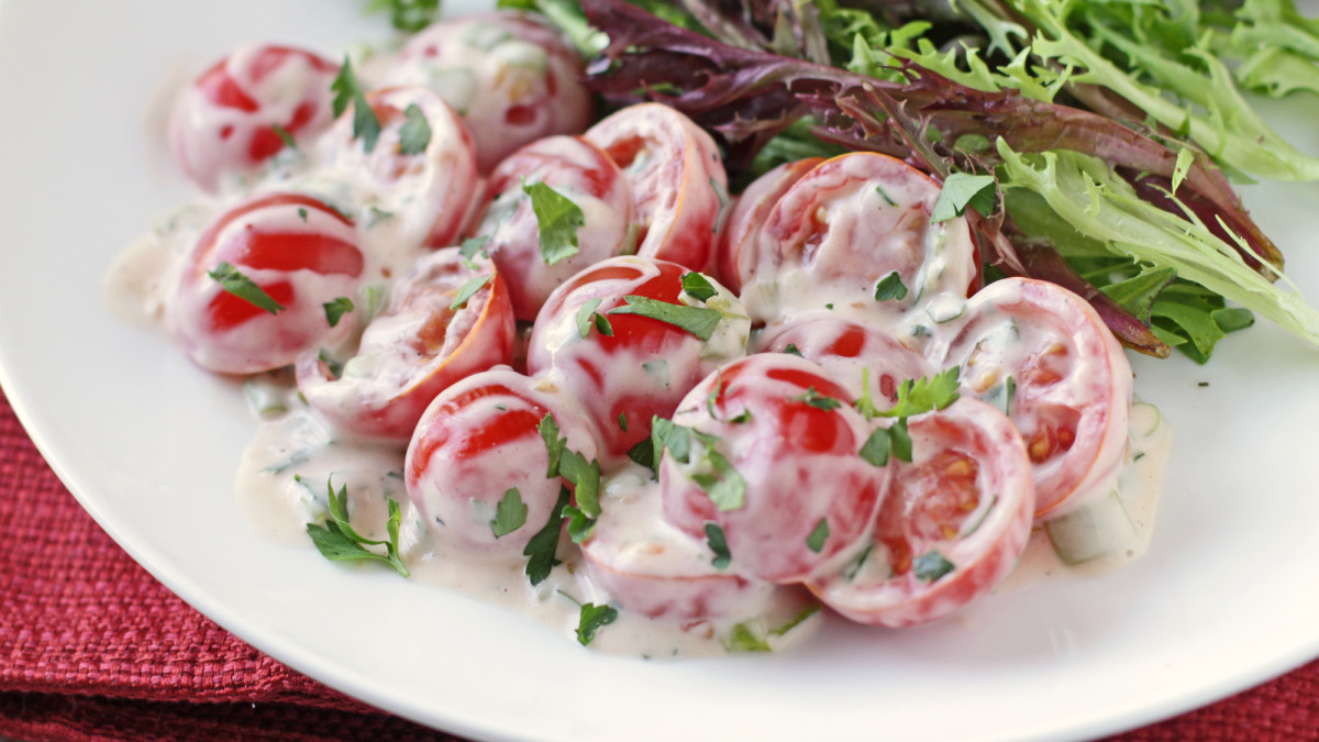 Edible Flower & Cherry Tomato Salad with Lemon-Herb Dressing