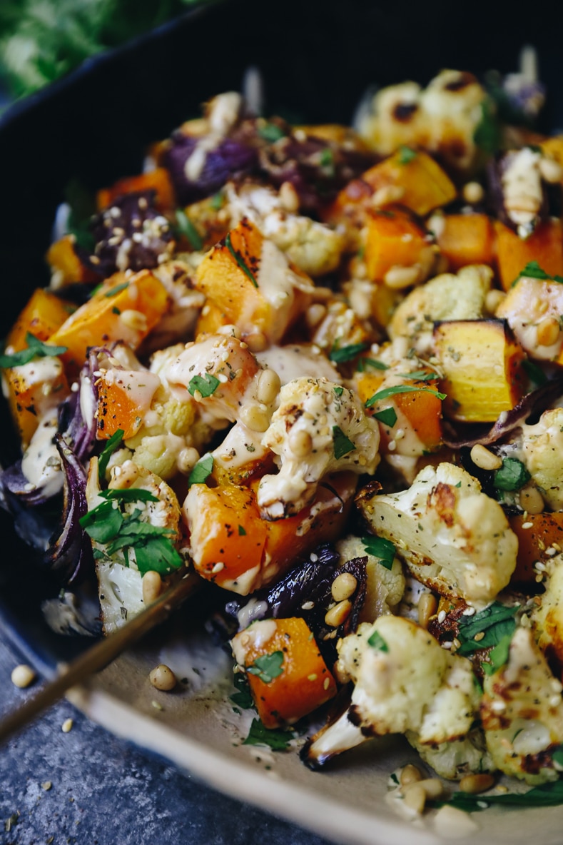 Lemon-Herb Roasted Vegetables with Tahini Sauce