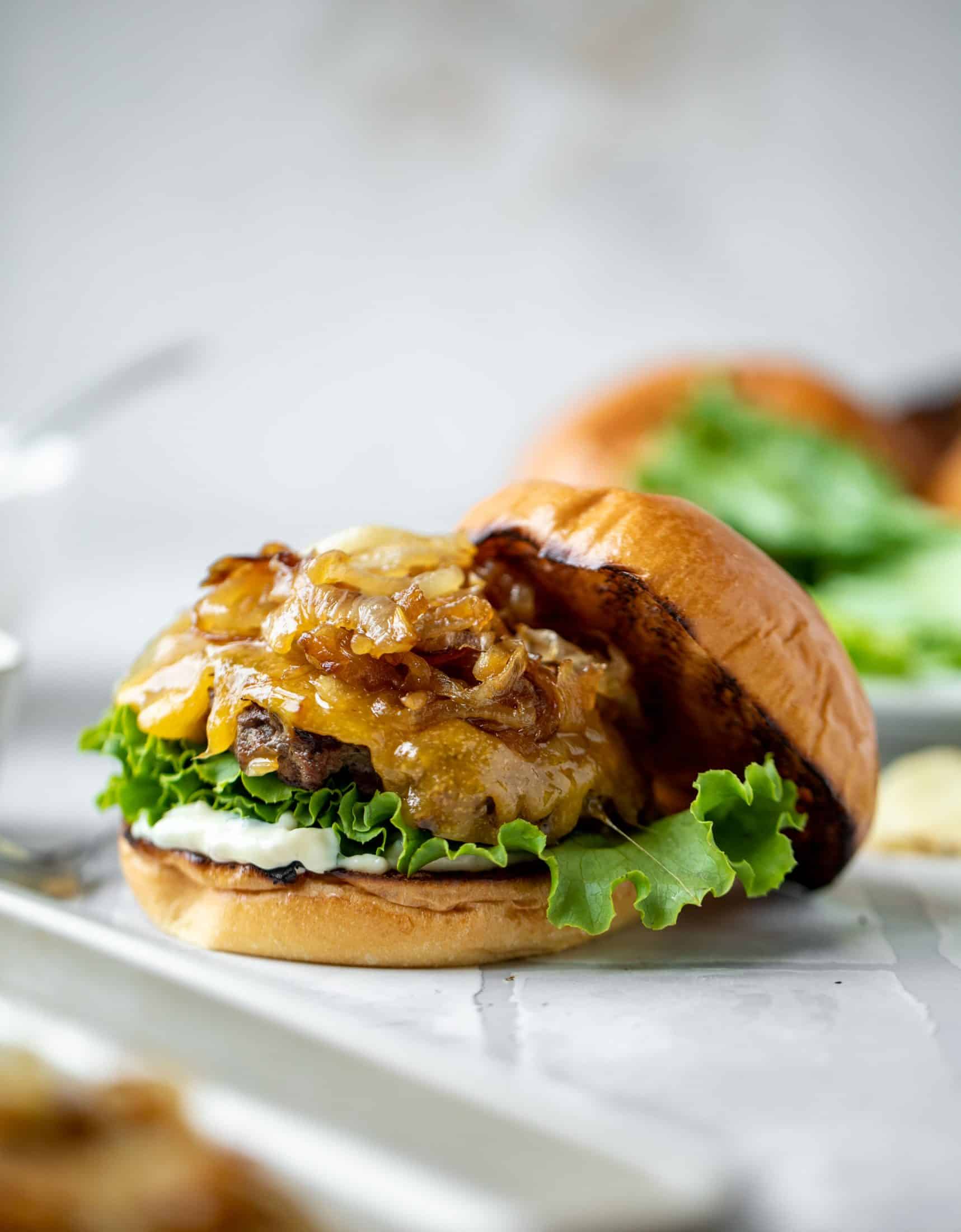 Caramelized Onion Beef Burgers with Cheddar
