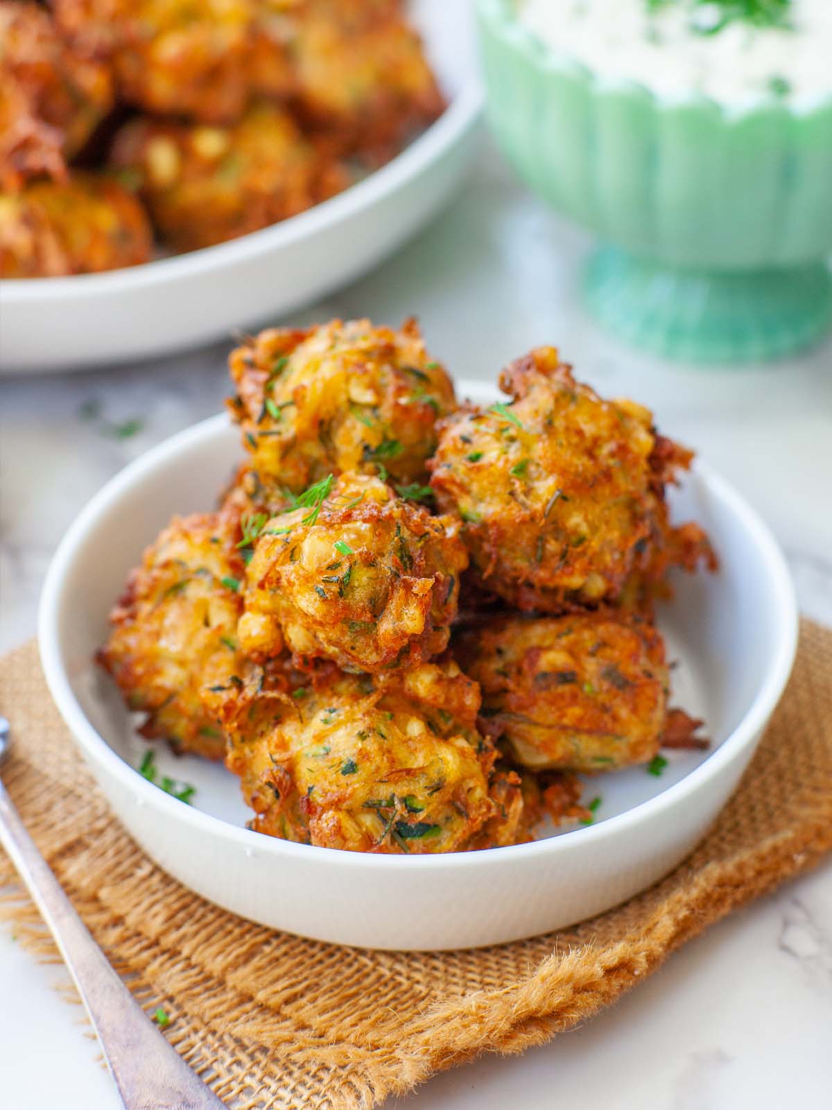 Zucchini & Corn Fritters with Dill Sauce