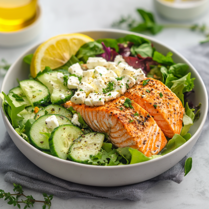 Mediterranean Salmon Bowl with Lemon-Dill Zucchini Noodles
