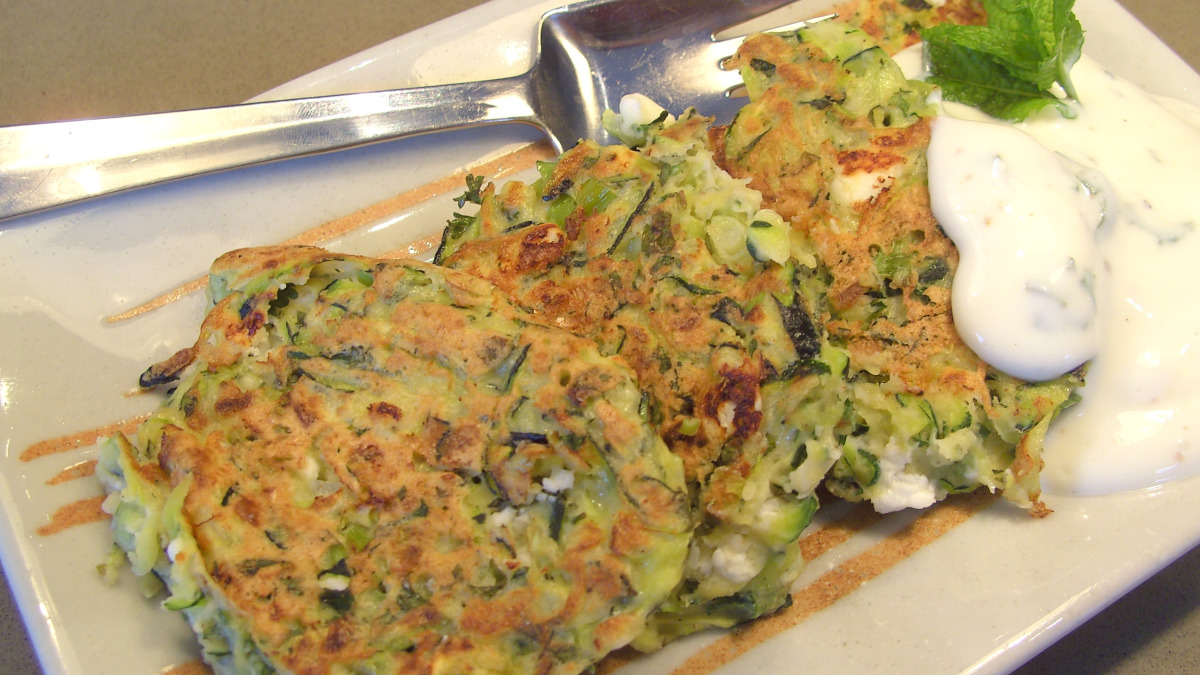 Zucchini & Onion Fritters with Dill Sauce