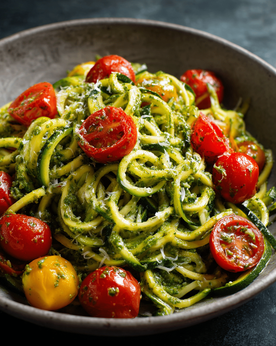 Creamy Basil-Pesto Zucchini Noodles with Cherry Tomatoes