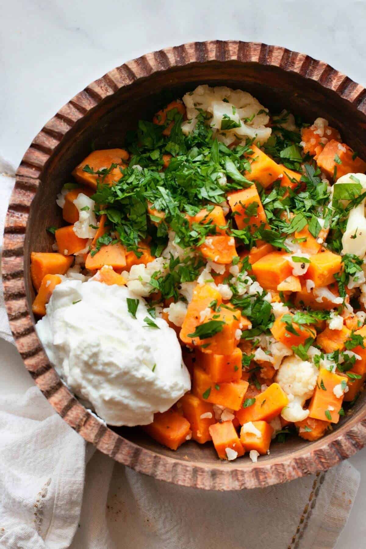 Cauliflower 'Mashed' Sweet Potato with Herb Butter