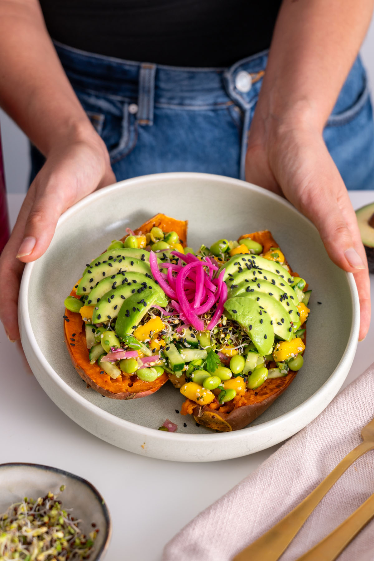 Miso-Glazed Sweet Potato & Edamame Bowl with Sesame Cucumber Salad