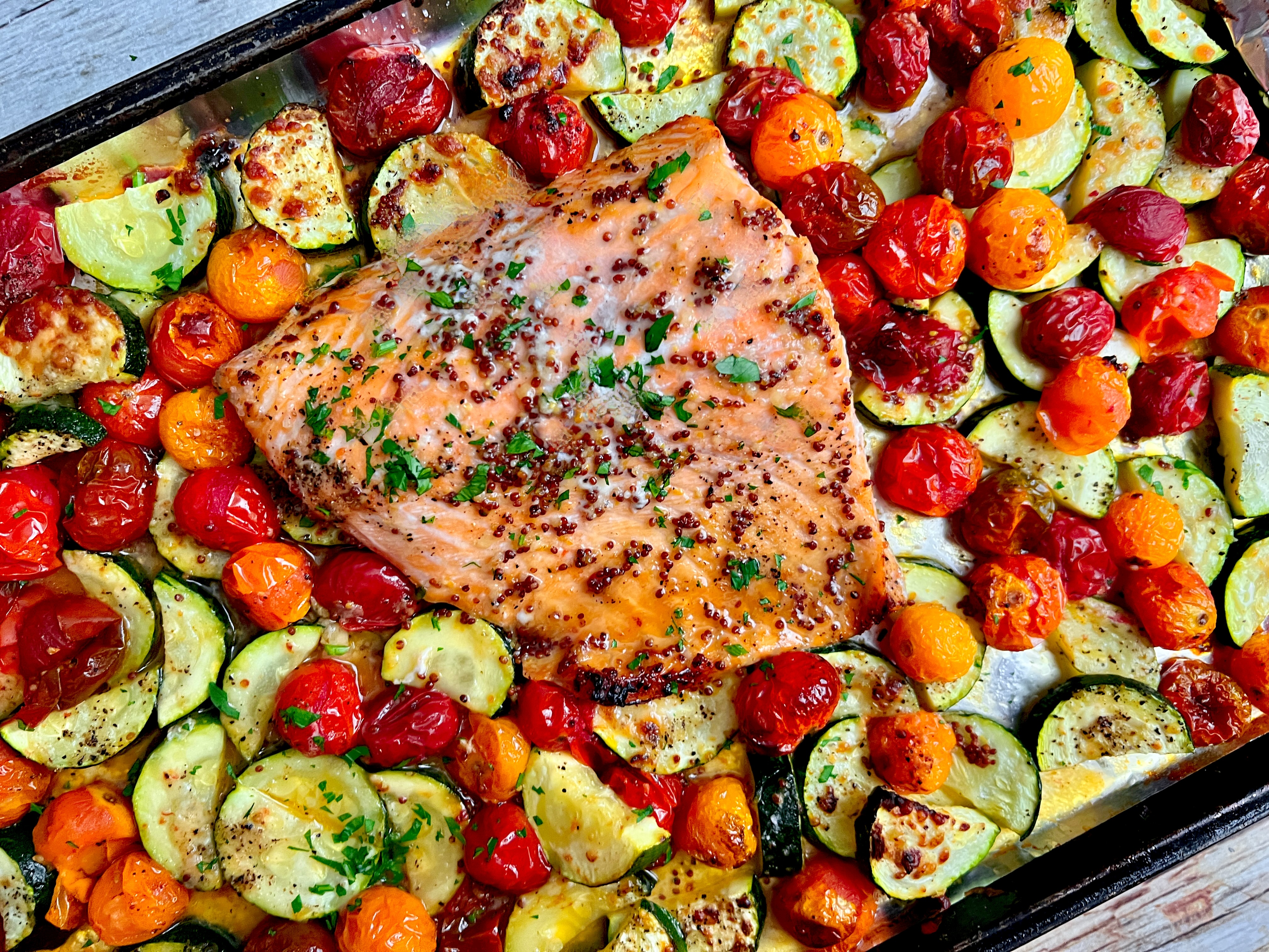 Sheet-Pan Lemon-Dill Salmon with Roasted Zucchini & Cherry Tomatoes