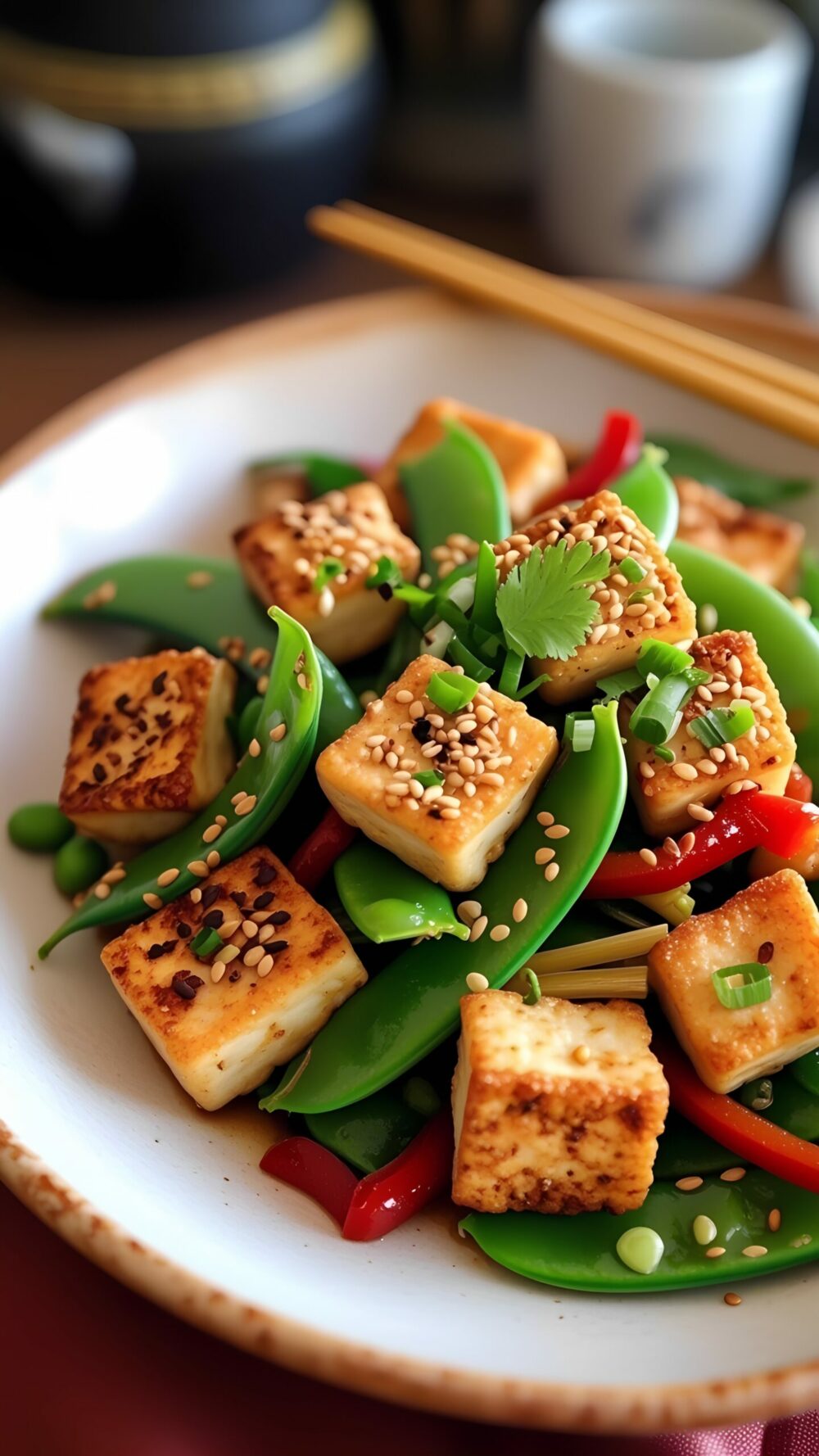 Sesame-Ginger Tofu Stir-Fry with Snap Peas and Bell Peppers