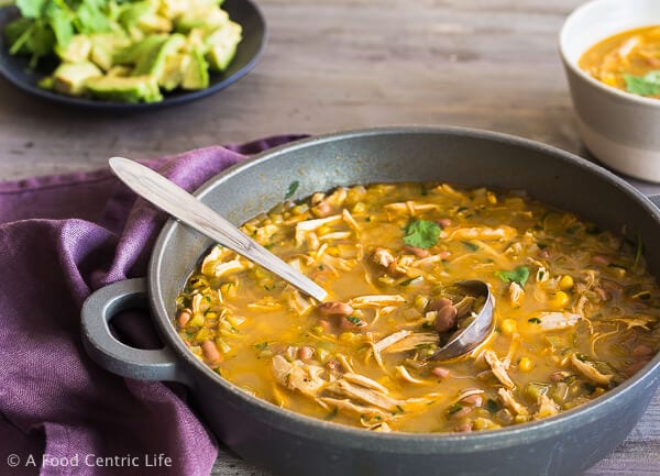 Tomatillo Chicken Soup with Corn and Avocado