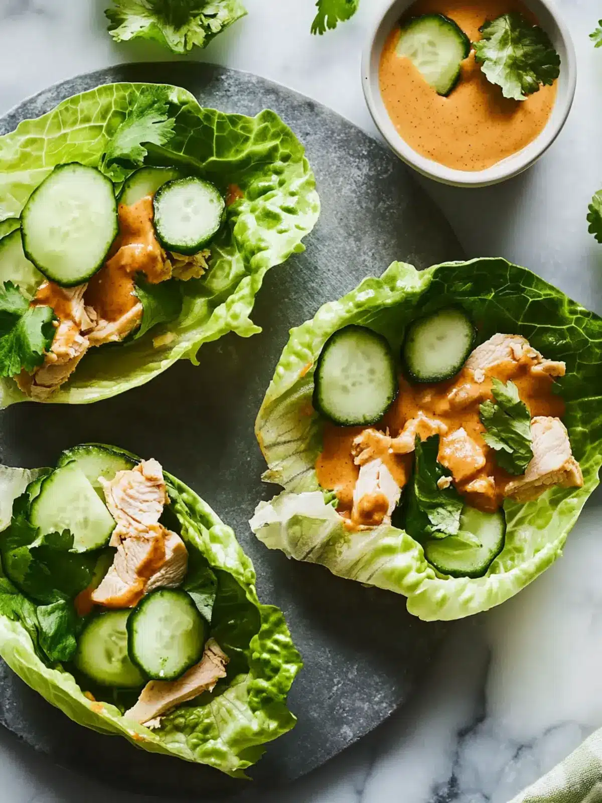 Sriracha-Glazed Chicken Lettuce Wraps with Cucumber Salad