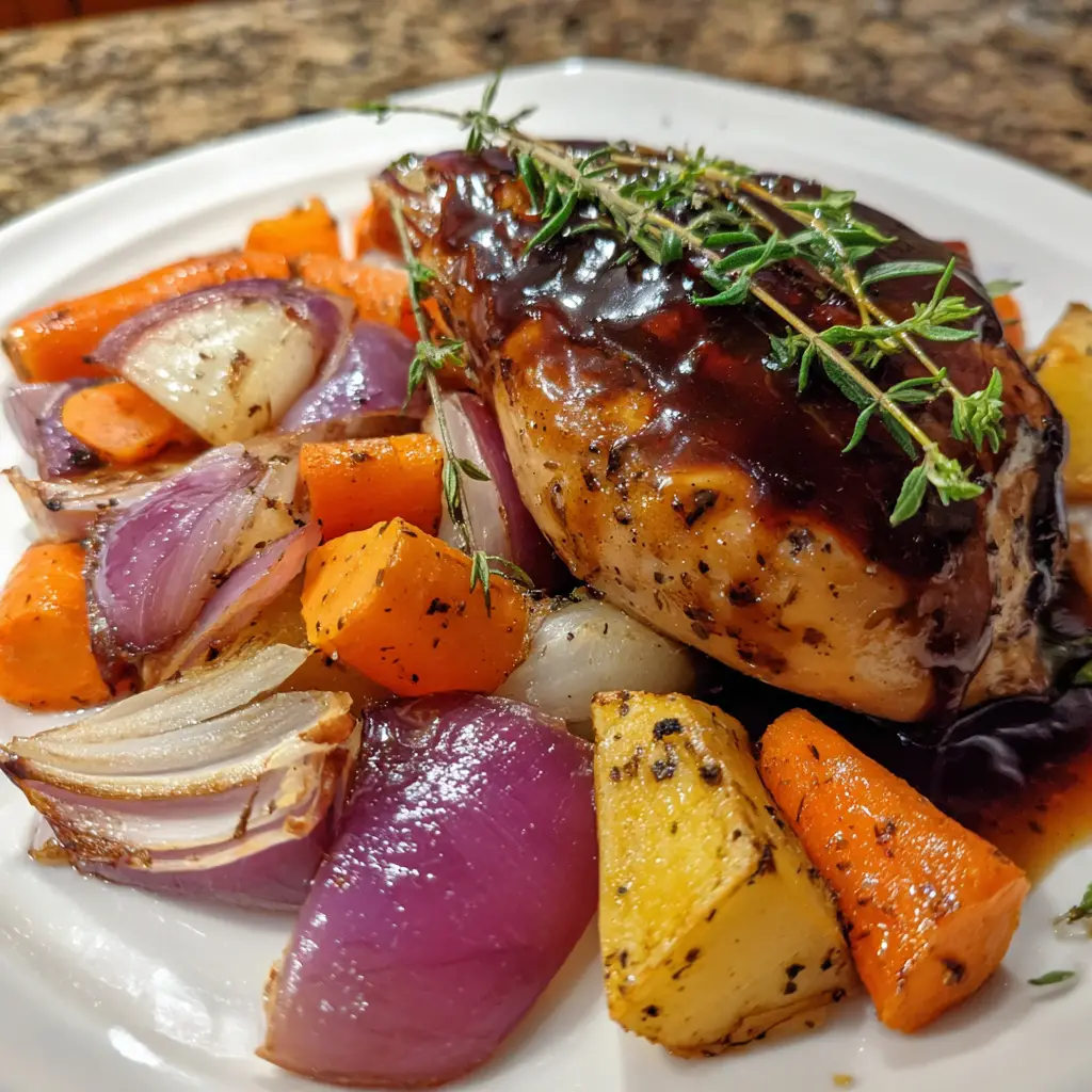 Maple-Balsamic Glazed Chicken Thighs with Roasted Root Veggies
