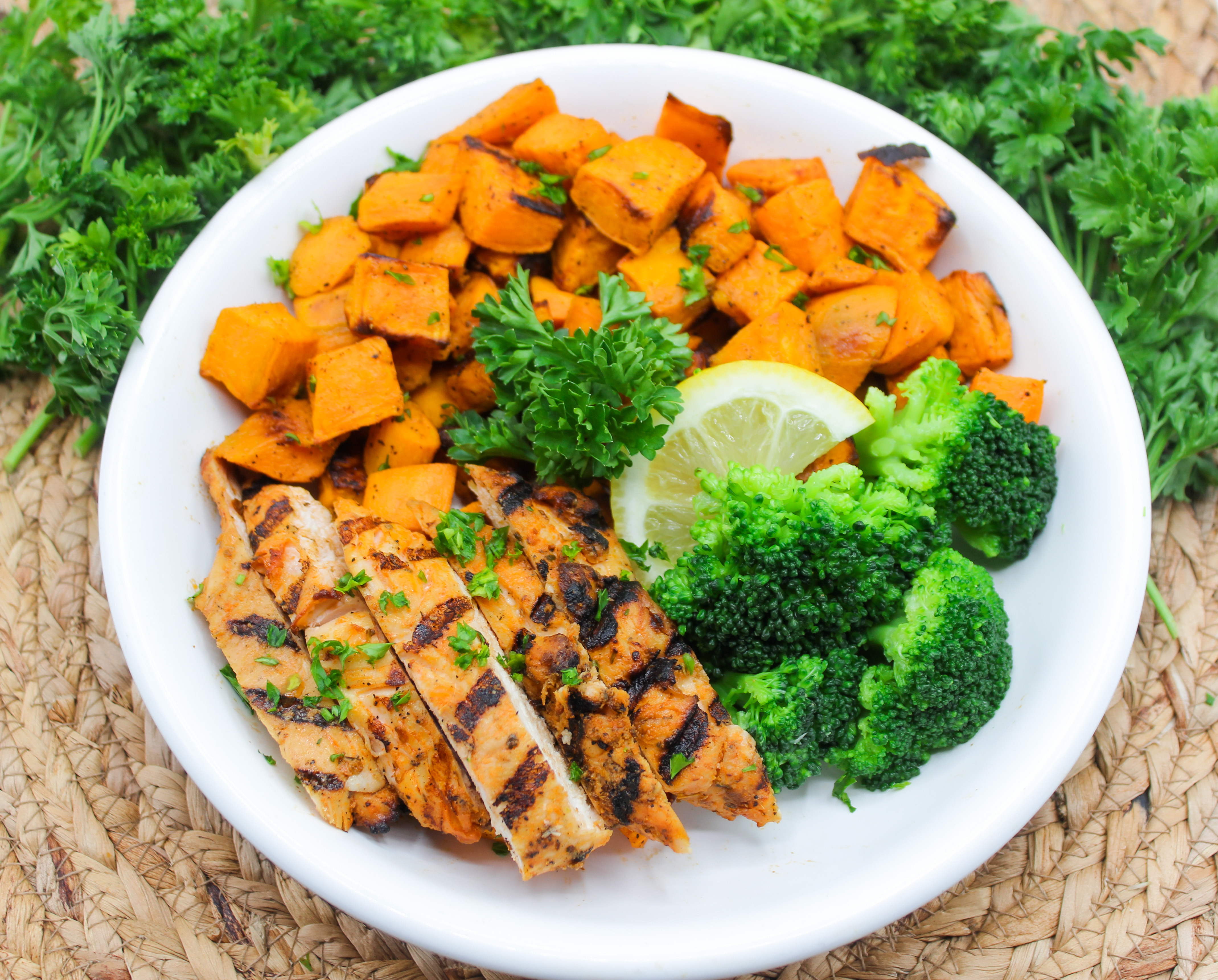 Rosemary Roasted Sweet Potatoes & Chicken with Steamed Broccoli