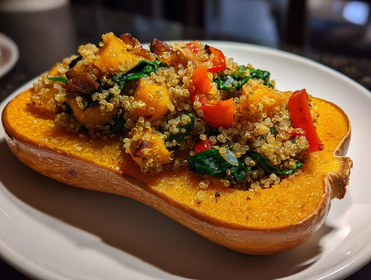 Vegan Stuffed Butternut Squash with Quinoa and Mushrooms