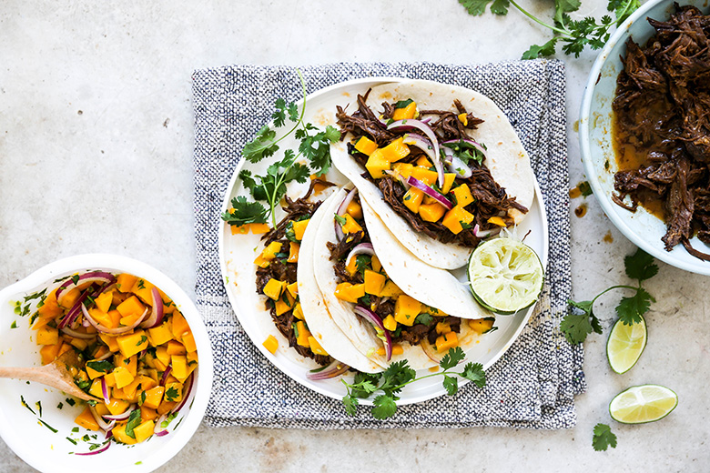 Smoky Chipotle Beef Brisket Tacos with Mango Salsa