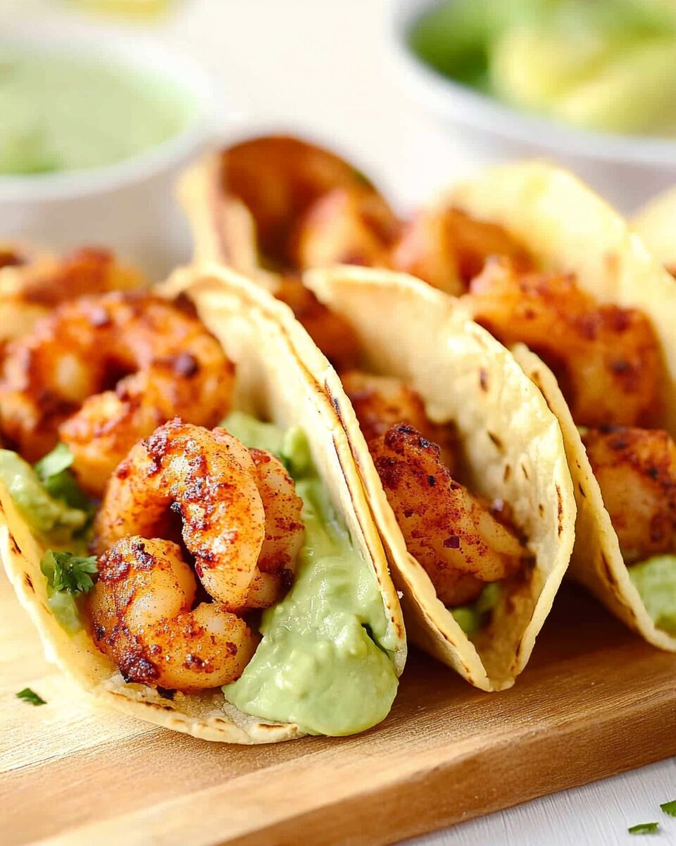 W/ Lemon-Garlic Shrimp Tacos with Avocado Crema