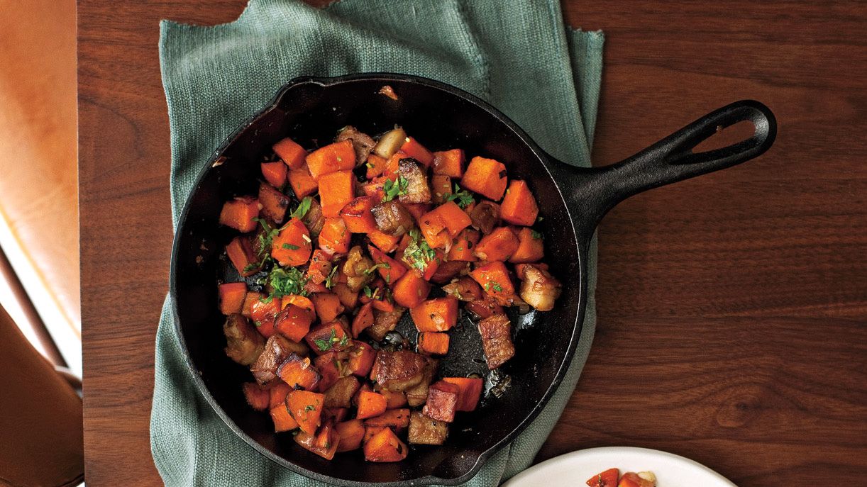 Heirloom Purple Sweet Potato & House-Smoked Pork Belly Hash