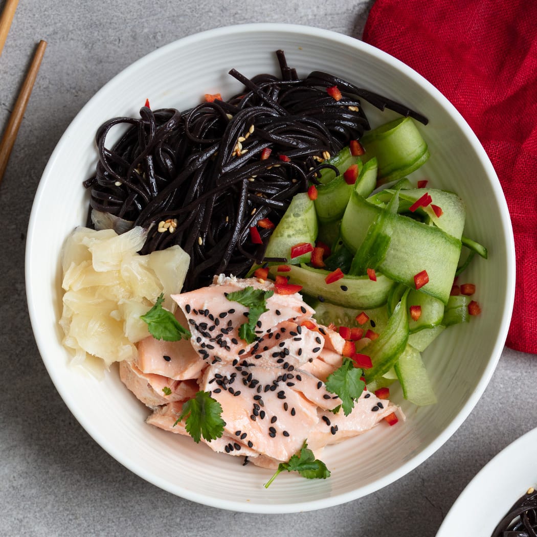 Ginger-Scallion Salmon with Sesame Noodles