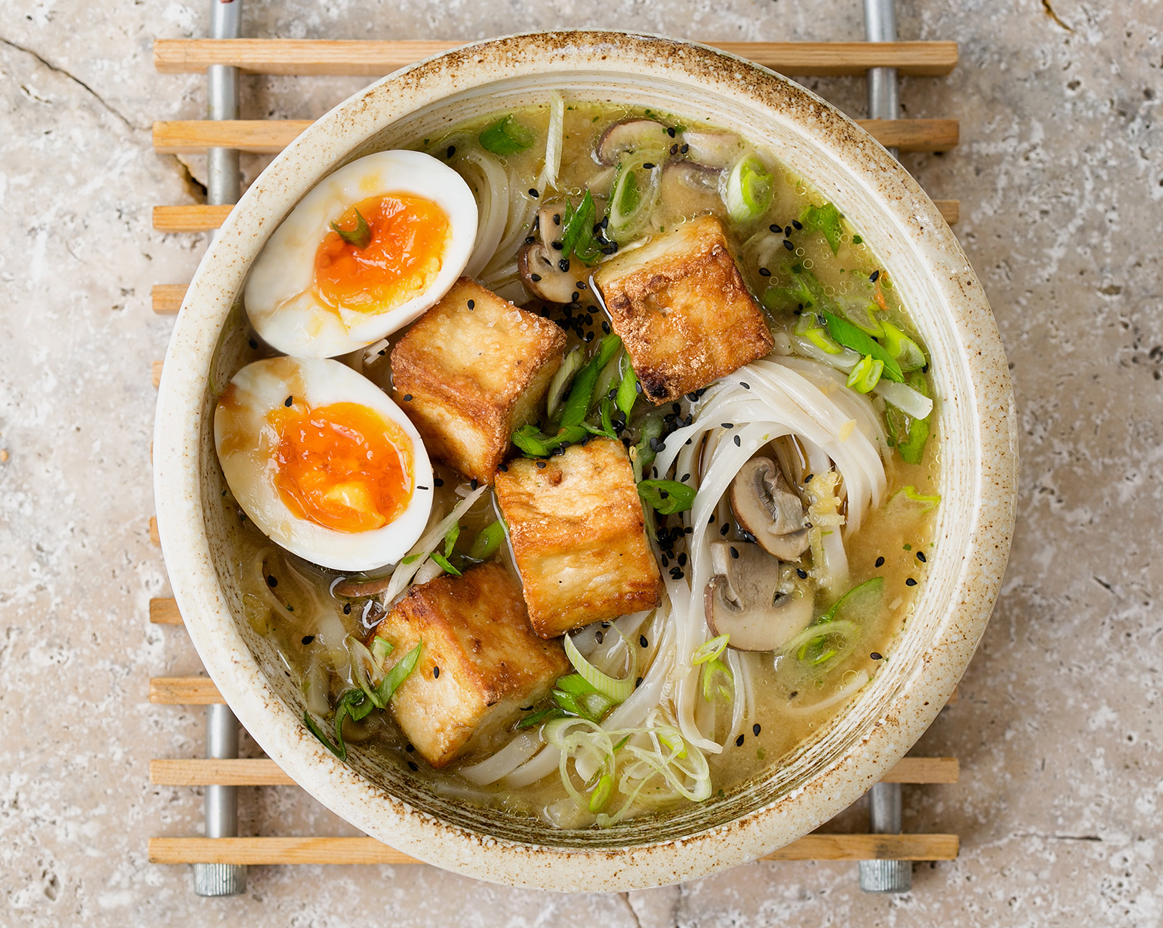 Floating Miso Soup with Crispy Tofu