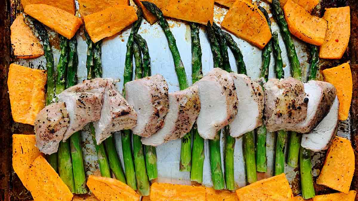 Maple-Dijon Pork Tenderloin with Asparagus & Sweet Potatoes