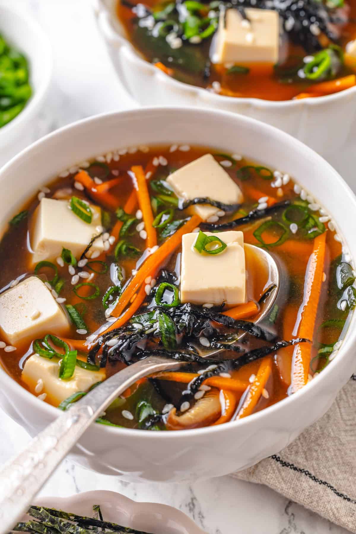 Japanese Miso and Tofu Soup with Wontons and Seaweed