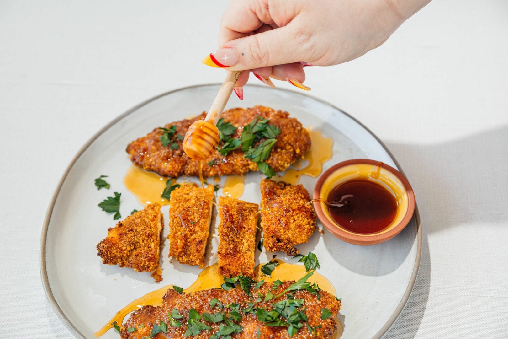 Crispy Honey-Soy Glazed Chicken Tenders with Veggie Sticks