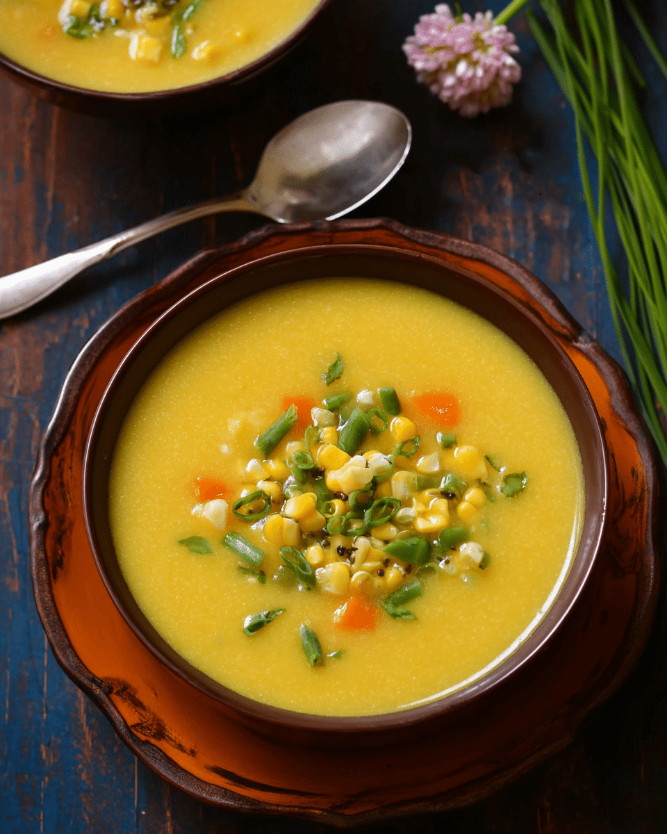 Miso-Glazed Sweet Corn Soup with Shiso Garnish
