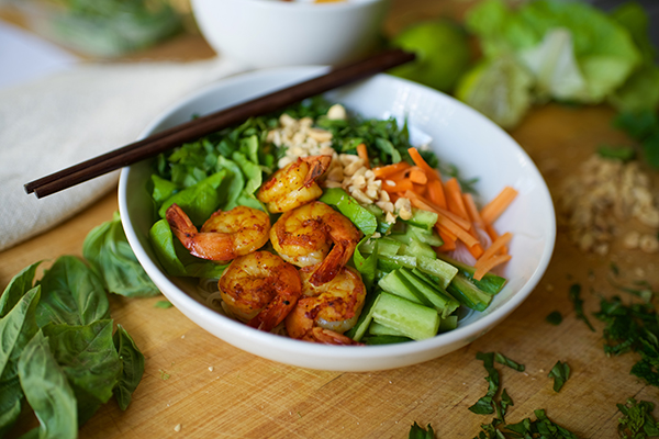 Sesame-Ginger Shrimp Noodle Bowl with Crispy Edamame