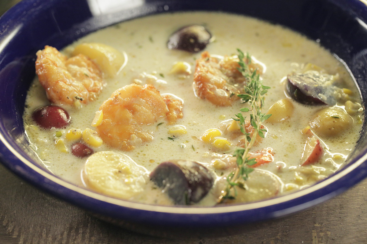 Smoked Shrimp & Corn Chowder with Smoked Tomato Broth