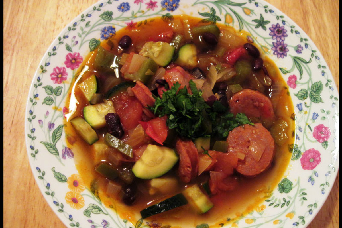 Crispy Chorizo & Black Bean Soup with Cornbread Croutons