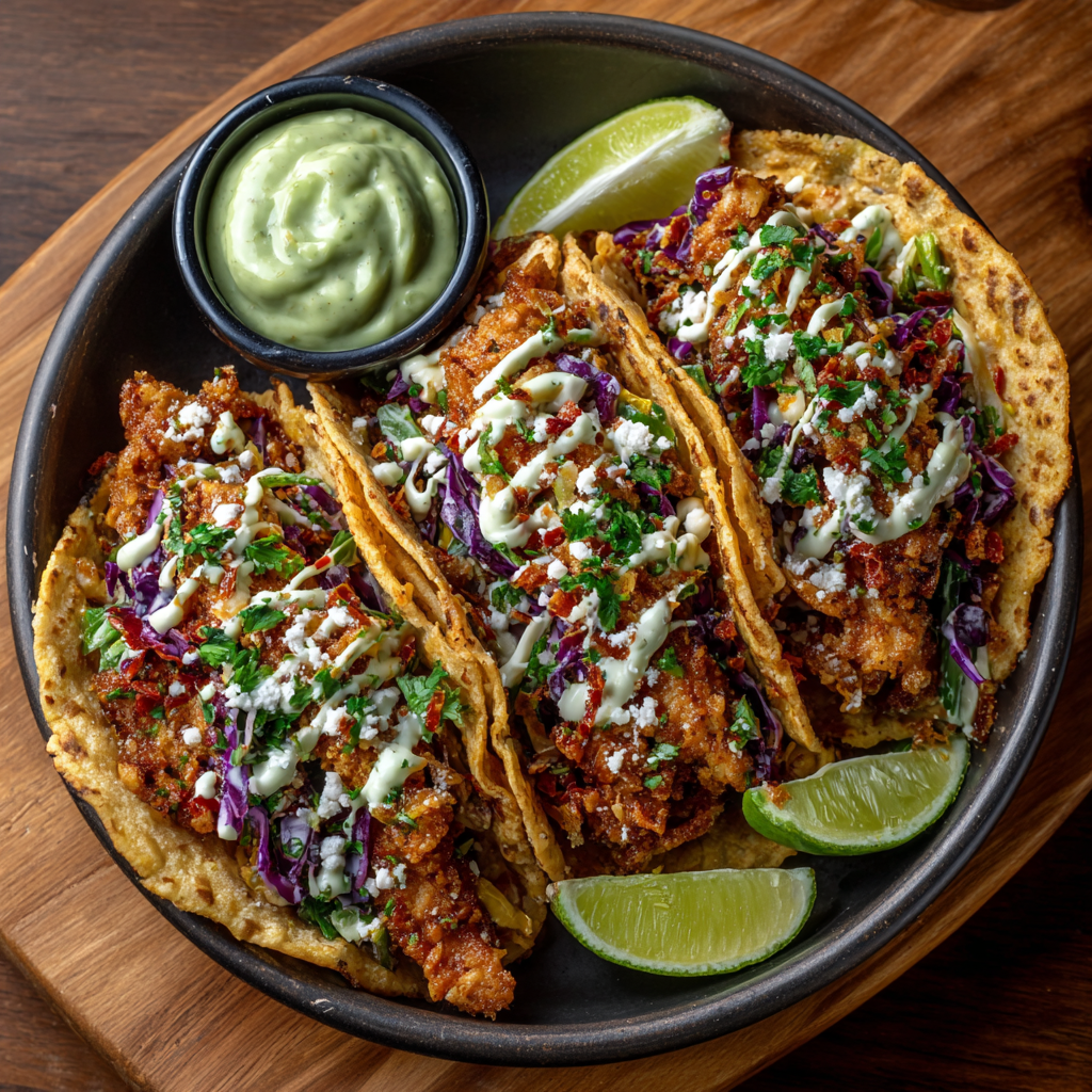 Crispy Chili-Lime Chicken Tacos with Avocado Crema