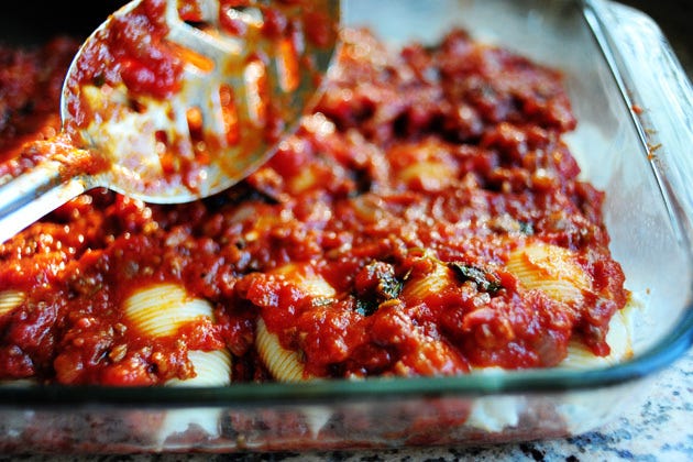 Three-Cheese Stuffed Shells with Spinach & Tomato Sauce