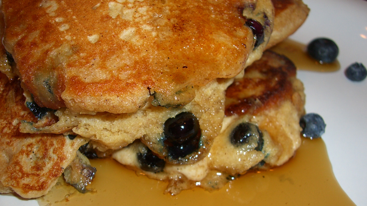 Buttermilk Blueberry Pancakes with Maple Compote