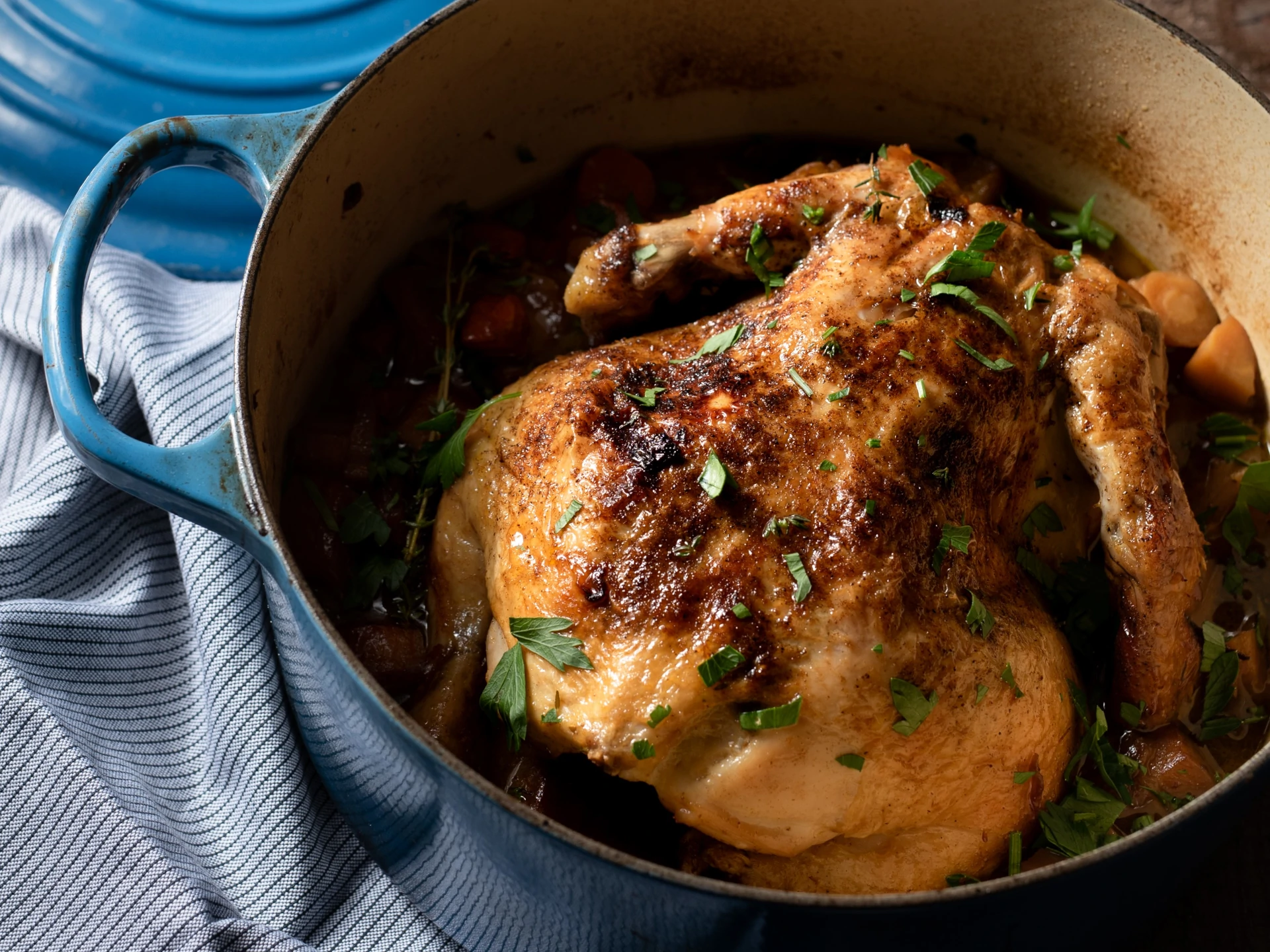 Brussels Beer-Braised Chicken with Root Vegetables