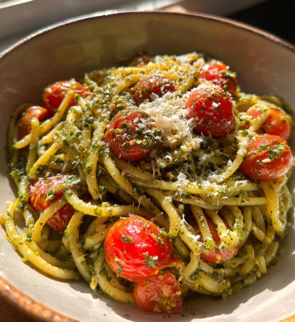 Perennial Herb Pesto Pasta with Cherry Tomatoes